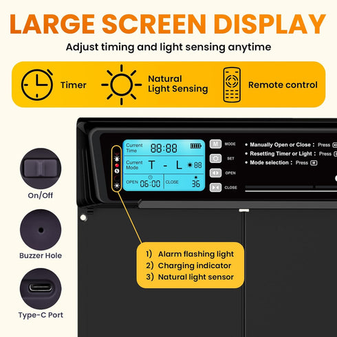 Anti-Pinch 11.3" 8.7" 5-Year Extra Large Automatic Chicken Coop Door Solar Powered with Remote - LCD Display, Light