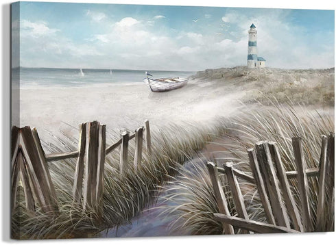 LAIART Ocean Seascape Blue Canvas Wall Art - Modern Lighthouse Prints for Bedroom Bathroom Living Room