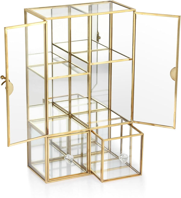 ELLDOO Clear Glass Storage Box with 2 Drawers, Gold Mirrored Jewelry Makeup Display Organizer Case