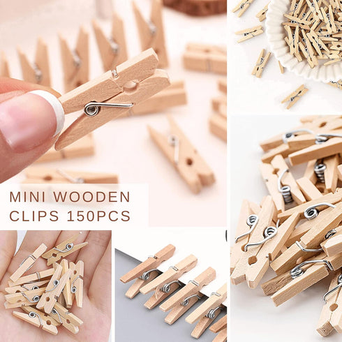 Sturdy Mini Clothes Pins, 150 Pcs 1 Inch Natural Wooden Clothespins with 33 FT Jute Twine for Crafts Display