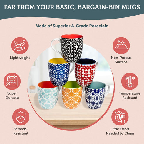 Set 6 16 Annovero Large Coffee Mug of - Porcelain Cups for Women or Men - Microwave & Dishwasher Safe, Chip Resistant