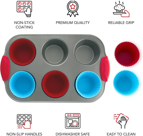 Boxiki Kitchen Non-Stick Steel Muffin Pan, 6 Cup with Silicone Handles and Reusable Liners