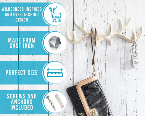 Comfify Vintage Cast Iron Deer Antlers Wall Mounted Hooks | Antique White Metal Clothes Hanger Rack