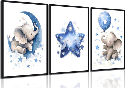 3Pcs Blue Nursery Elephant Canvas Wall Art Baby Boy Wall Decor Cute