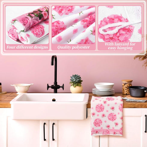 Leinuosen 8 Sets Sets Pcs Pink Rose Kitchen Towels and Dishcloths Oven Mitts and Pot Holders Absorbent Kitchen Gloves