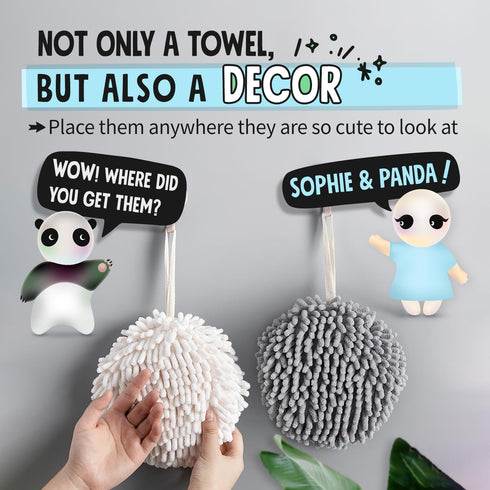 Sophie & Panda Fuzzy Ball Towel Set of 2 - White and Gray Bath Towels for Instant Drying
