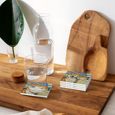 Set 4, 4 Inch Van Gogh Shiba Inu Coasters for Drinks of Watercolor Dog Absorbent Diatomite Ceramics Coasters for Coffee