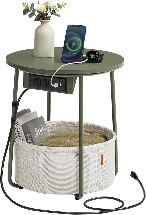 VASAGLE LILEA Collection - Side Table with Charging Station, Round End Table