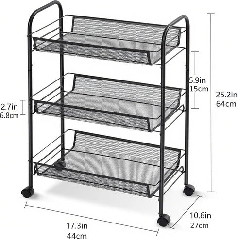 3 Tier Metal Rolling Cart with Wheels, Wire Bathroom Organizer Storage Shelves with Hooks, Utility Cart for Kitchen