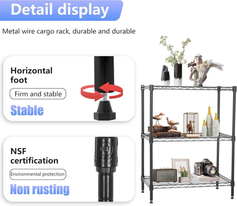 FDW Wire Shelving Units Adjustable Metal Storage Rack 23D x 13W x 30H 3 Tier Pantry Shelves for Kitchen Garage, Black