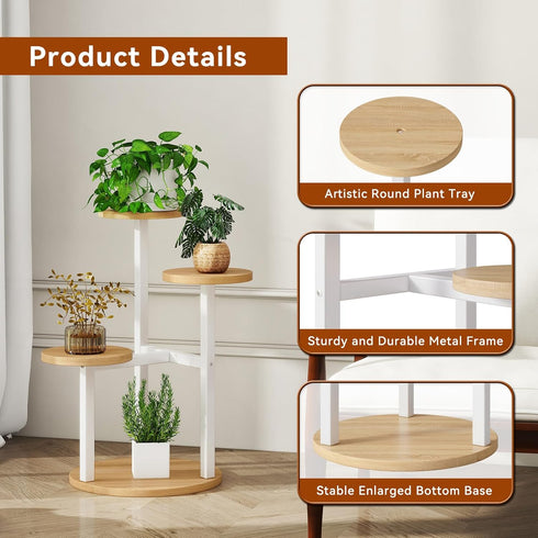 4 TMJ073R IBUYKE Tier Plant Stand Indoor, Metal Wood Plant Shelf for Multiple Plants, Small Tiered Corner Flower Pot