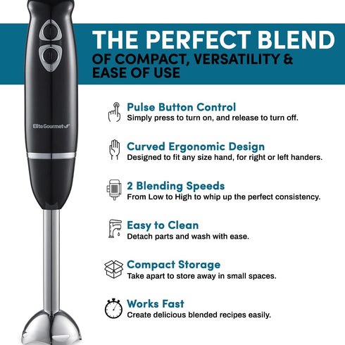 Elite Gourmet Immersion Hand Blender 500 Watts, 2 Speed Mixing, Stainless Steel Blades, Black