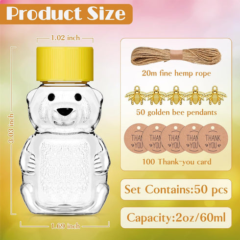 50 Pack 2 oz Plastic Honey Bear Bottles Jars, Honey Bear Cup with Lids Mini Bear Shape Empty Honey Bear Bottle Honey