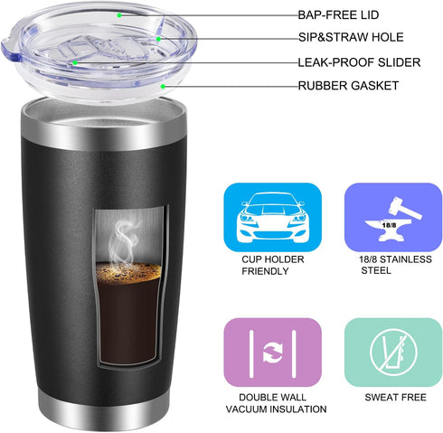 VEGOND 20oz Tumbler with Lid and Straw, Stainless Steel Vacuum Insulated Travel Coffee Mug, Black