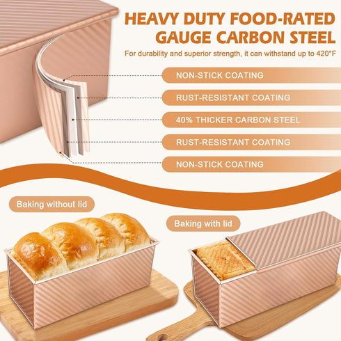 Dipanist 2Pack 2.2 LB 1 LB Pullman Loaf Pans with Lids & Dough Capacity, Non-Stick Carbon Steel Bread Pans for Homemade