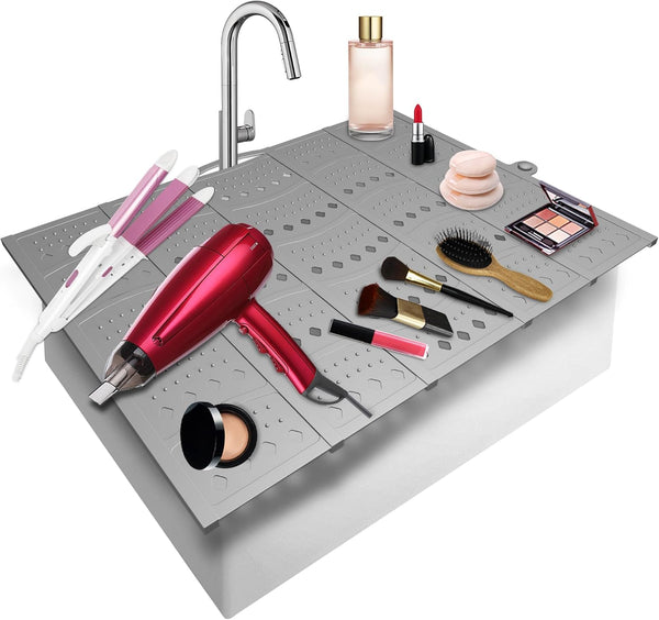 Bathroom Sink Top Cover Space Saver, Silicone Makeup Organizer Mat for Over Countertop, Small Bathroom Accessories, Grey