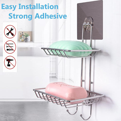 2 Tier Soap Dish with Hooks - Stainless Steel Wall Mounted Soap Holder for Shower Bathroom Kitchen, No Drilling