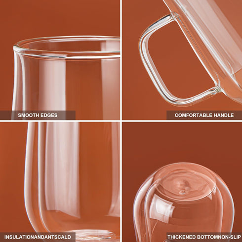 16 OZ, Set 2 Double Walled Glass Coffee Mugs Borosilicate Glass Coffee Cups of with Spoons, Insulated Clear Coffee Mug