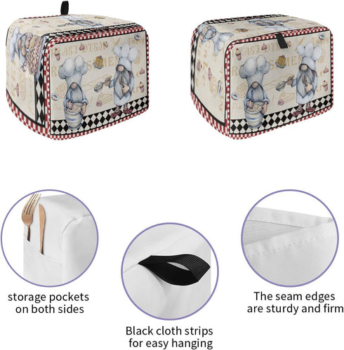 Kitchen Chef Gnomes Toaster Cover 4 Slice, Large Kitchen Appliance Covers, Retro Red White Plaid Dessert Toaster Oven Cover with Loop, Bread Machine Cover Polyester Dust Cover Protection