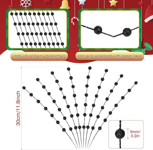 Syhood 200 13.8 Inches Pcs Glitter Berry Stems, Christmas Berry Picks Holly Branches for Christmas Tree Decorations