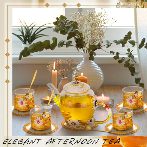7 Set Set Pcs Floral Tea for Women, Vintage Flower Teapot With Gift Box, Glass Tea Kettle, Fancy Cup, Mug With Coasters