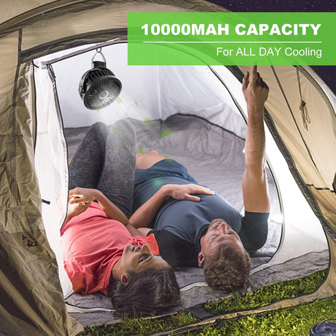 Odoland 2 Packs 10000mAh Camping Rechargeable Fan with Hanging Hook, Portable Battery Operated Tent Fan