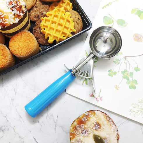 Portion Scoop #16 (2 oz) - Disher, Cookie Scoop, Food Scoop for Portion Control, 18/8 Stainless Steel with Blue Handle