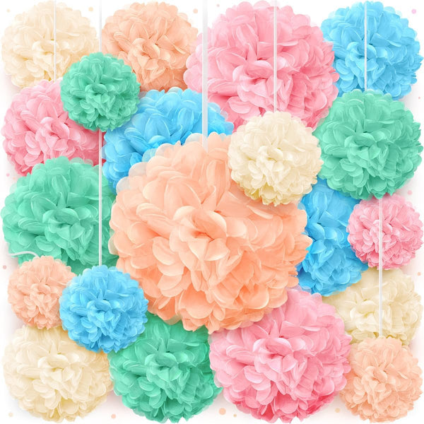 Pastel Tissue Paper Pom Poms, Hanging Paper Flowers for Rainbow Birthday Decorations, Baby Shower Decor, Easter Party