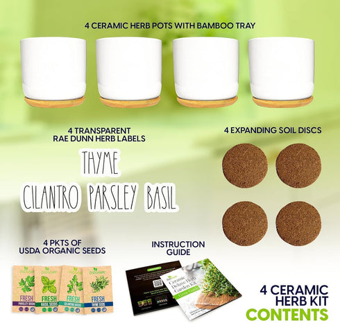 4 Set. Deluxe Ceramic Indoor Herb Kit Variety Herbs for Indoor & Outdoor Get Growing with Pots, Potting Soil for Window