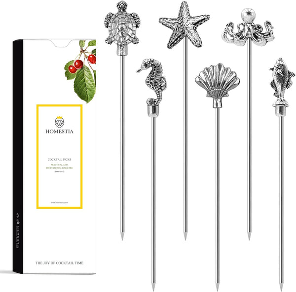 Homestia Metal Cocktail Picks for Drinks, 4.7" Ocean Series Cocktail Skewers, 6Pcs Fancy Reusable Martini Picks