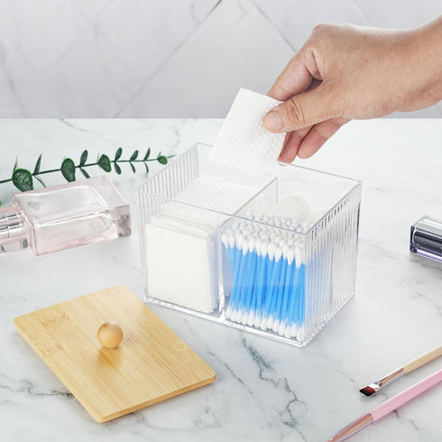 Wood Lid Qtip Holder - Clear Bathroom Cotton Ball Canister for Cotton Swabs, Dental Floss, Hair Bands for Vanity