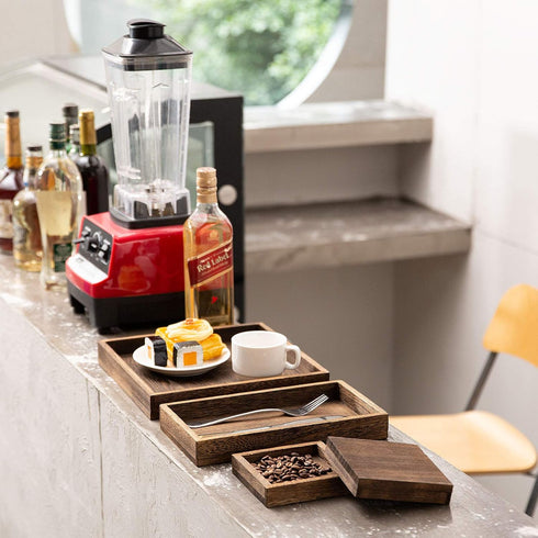 Set 7 Yangbaga Rustic Wooden Serving Trays with Handle - of Rectangular Platters for Entertaining, Breakfast, Coffee