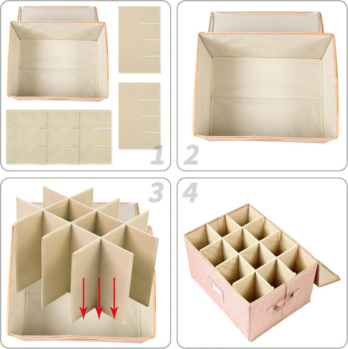 Beige popoly Wine Glass Storage Box, Stackable Stemware Containers with Dividers for 12 Glasses, Drinkware Cases