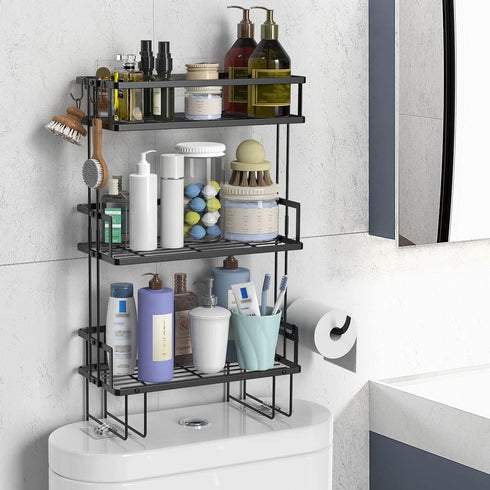 Over The Toilet Storage Shelf, 3-Tier Bathroom Organizer, Upgrade Punch-Free Storage Rack with Hooks, Black