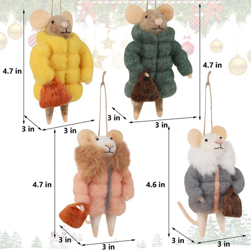Set of 4 Christmas Felt Mice Ornaments - 4.7" Mini Hanging Wool Mouse Figurines for Holiday Decor