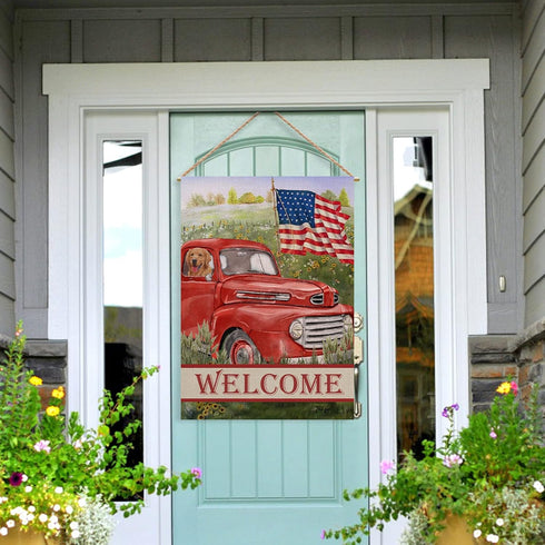 Welcome Summer American Red Truck 4th of July Flag, 28x40 Garden Yard Lawn Decor for Patriotic America