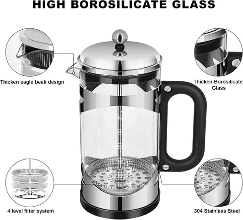 34 Ounce French Press Coffee Maker, Chromium Stainless Steel with 4-Level Filter System, Borosilicate Glass