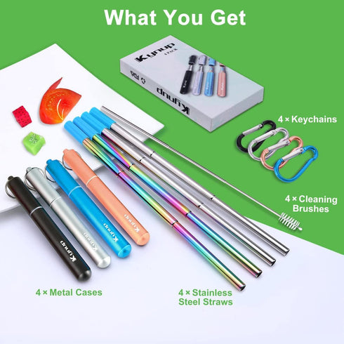 Kynup Reusable Straws, 4 Pack Collapsible Metal Straw, Foldable Stainless Steel Drinking Straw with Case
