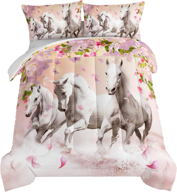 HOSIMA Horse Bedding for Girls, Pink Cherry Blossom Printed Twin Comforter Set