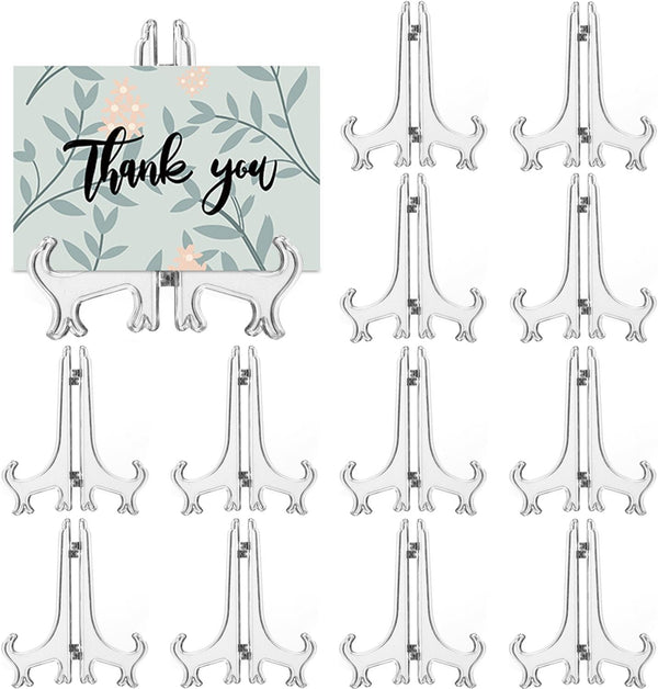 12 Pack 4 Inch Clear Plastic Easels, Plate Holders for Displaying Pictures at Weddings, Home Decoration, Birthdays