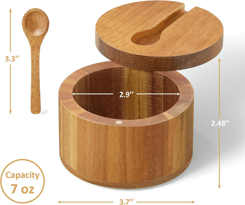 OUTNILI 360 7 Salt Box Bowl with Lid and Spoon - Acacia Salt Cellar with Swivel Lid - Salt Container Holder for Sea