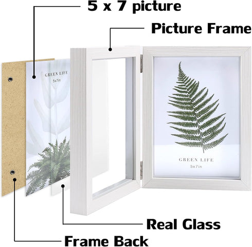 Double 5x7 Hinged Picture Frame, Vertical MDF Wood Photo Frames with Glass Front (White)