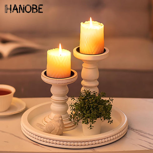 Counter Hanobe Decorative Coffee Table Tray: White Beaded Round Serving Tray Modern Farmhouse Wooden Circle Centerpiece