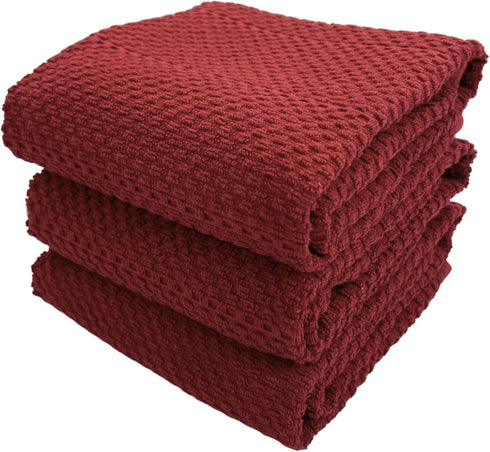 Maroon Dark Red Brick Red Kitchen Hand Dish Towels: Set of 3 Oversized 28" x 18", 100% Cotton Cloth for Cleaning and