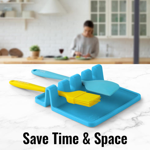 Zulay Kitchen Silicone Utensil Rest with Drip Pad, BPA-Free, Heat-Resistant Spoon Holder, Blue