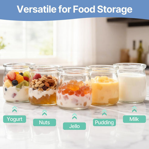 8 Count 6oz 100% Suteck Yogurt Jars - Small Glass Yogurt Cups With Lids, BPA Free, Airtight & Dishwasher Safe! Perfect
