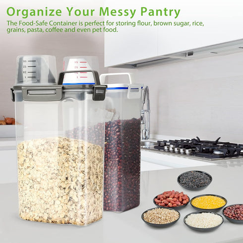 Rice Airtight Storage Container, 3 to 5Lbs Cereal Bin, Pet Food Dispenser with Measuring Cup, BPA Free Clear Plastic