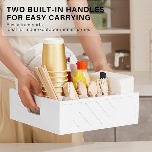 Utensil Holder for Party - Rustic Wood Silverware Caddy with 7 Compartments for Plates and Utensils