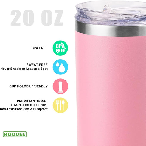 20 oz Tumbler(4 Pack) koodee Stainless Steel Skinny Double Wall Insulated Water Tumbler Cup with Lids, Straws and Straw