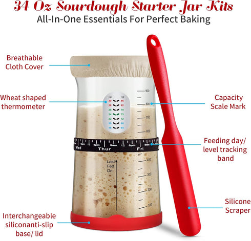 SWIMMORY Supplies,34oz 2 Sourdough Starter Kit,Gift for Bakers Sourdough Bread Baking Starter Jar, Cotton Rope Proofing